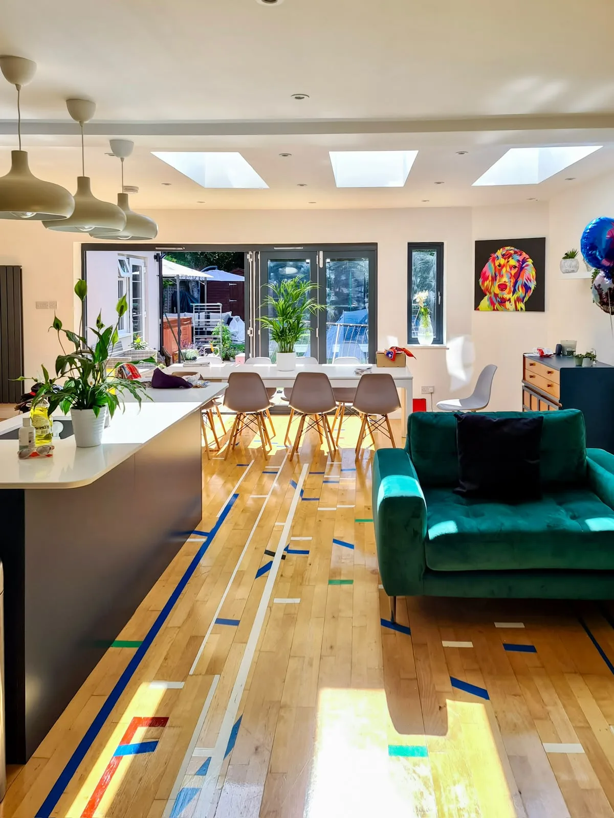 Modern living room with colorful painted flooring detail