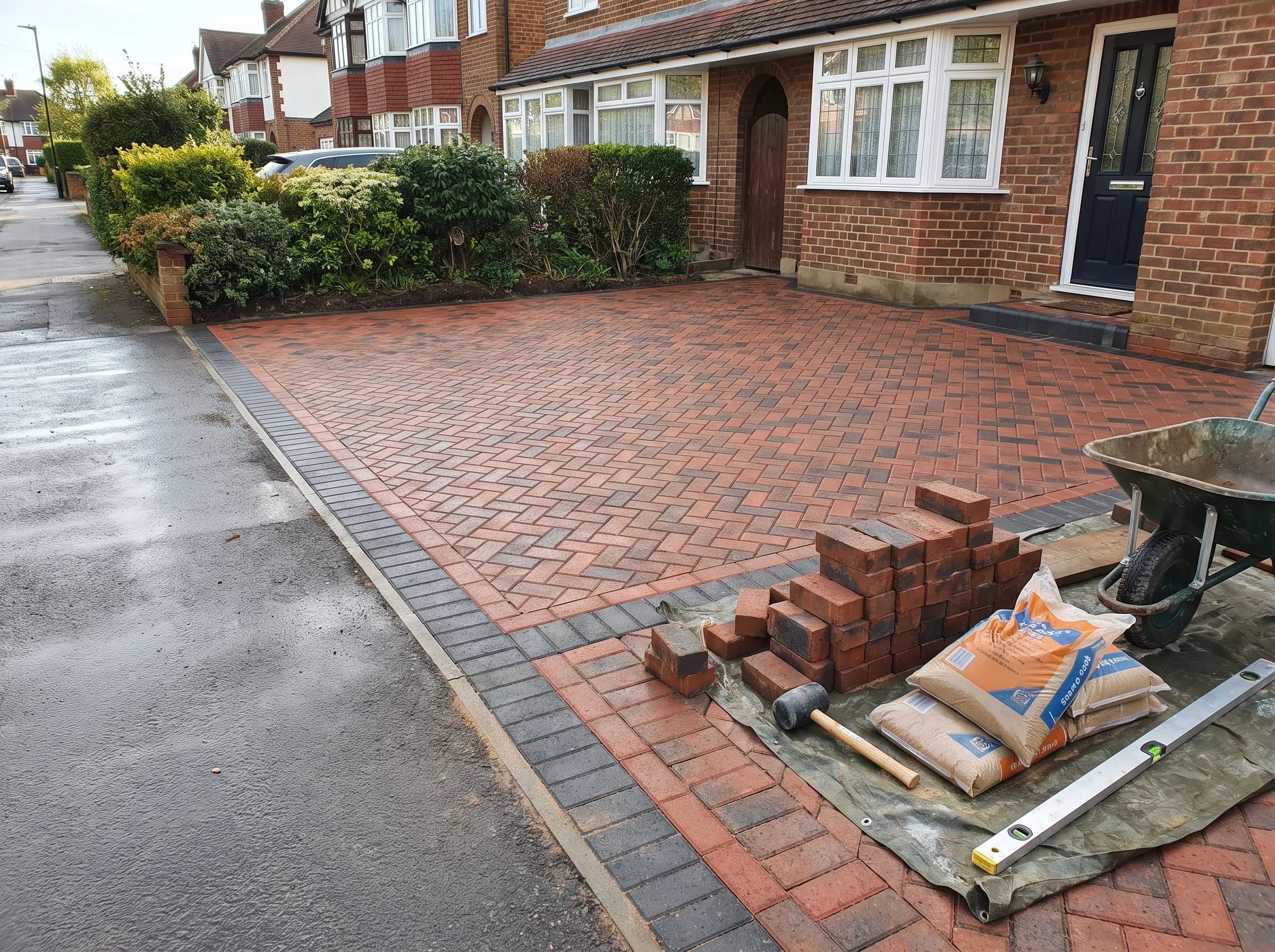 Driveway installation with brick paving and landscaping in a residential area