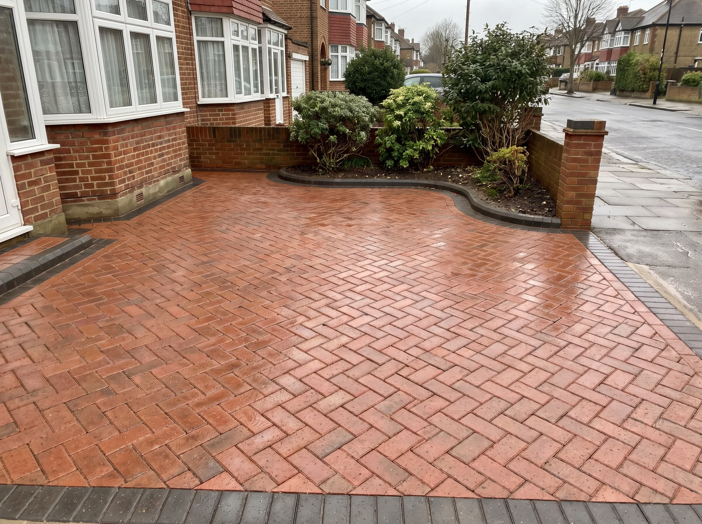 Brick paving driveway with a herringbone pattern and landscaped edges