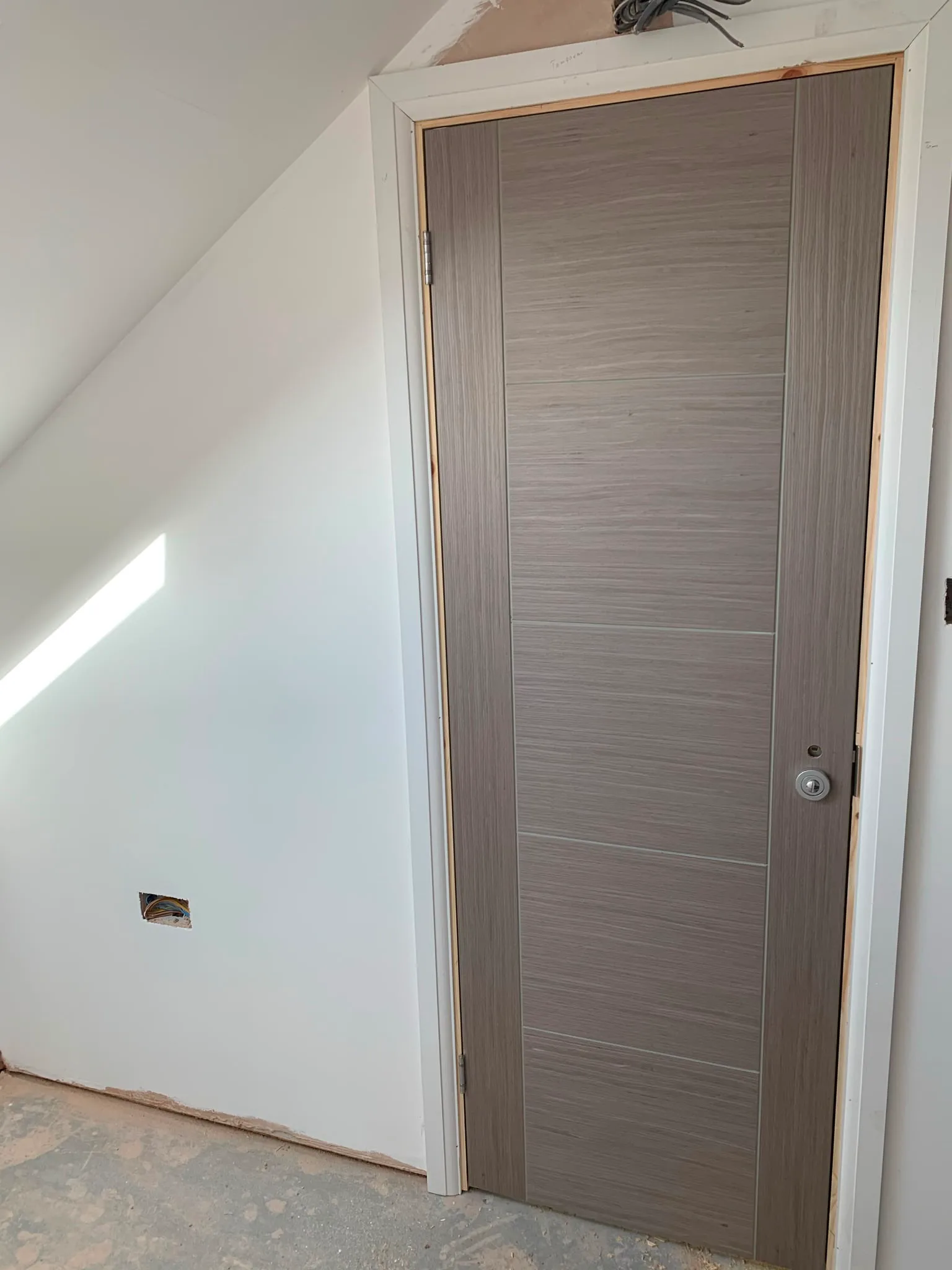 Interior view of a room featuring a modern wooden door and fresh wall painting
