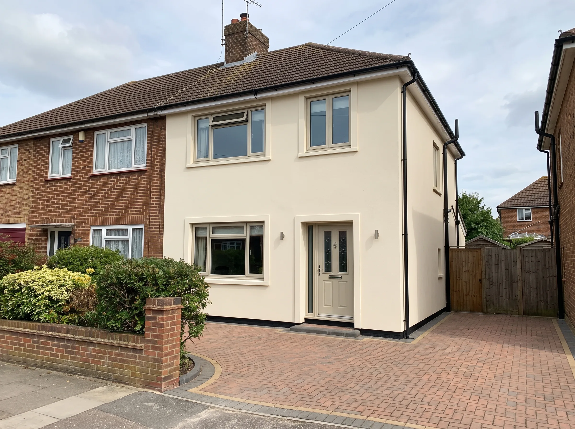 A newly renovated house exterior with fresh render and a modern entrance door