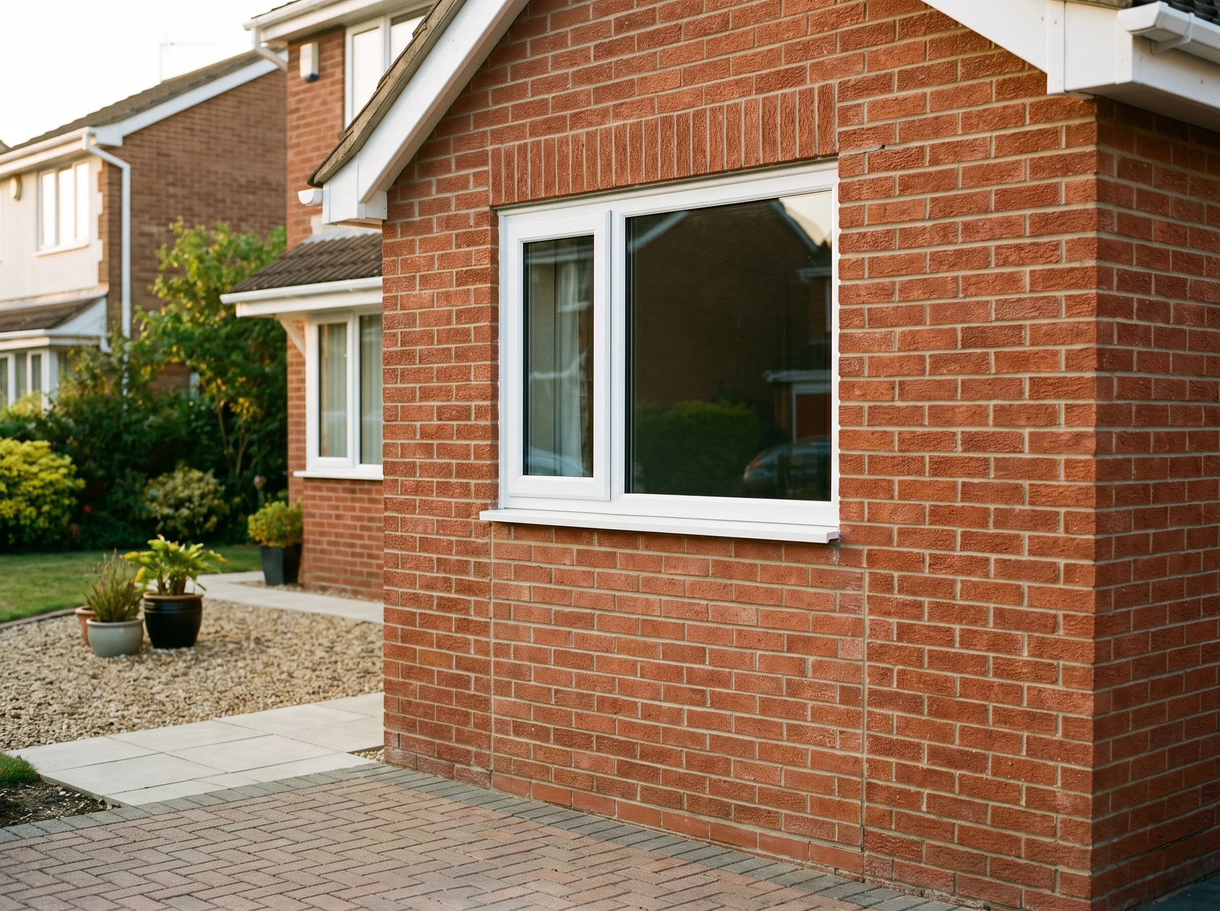 Close-up of a newly built brick wall and window in a home extension project