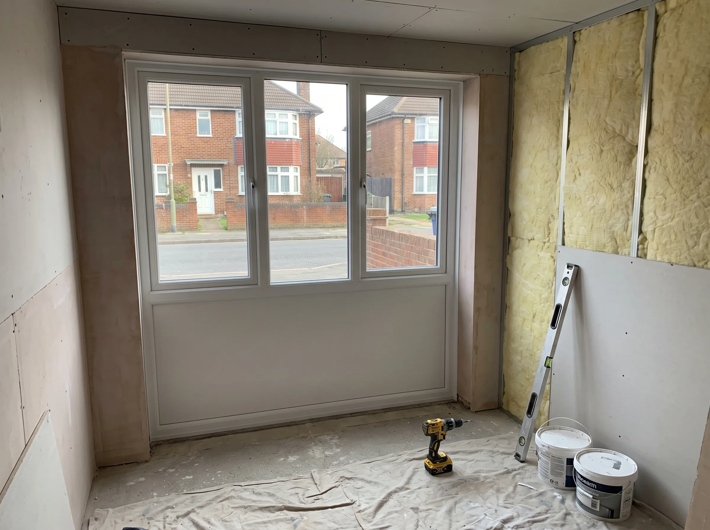 Interior view of a partially renovated room with new window installation and tools nearby