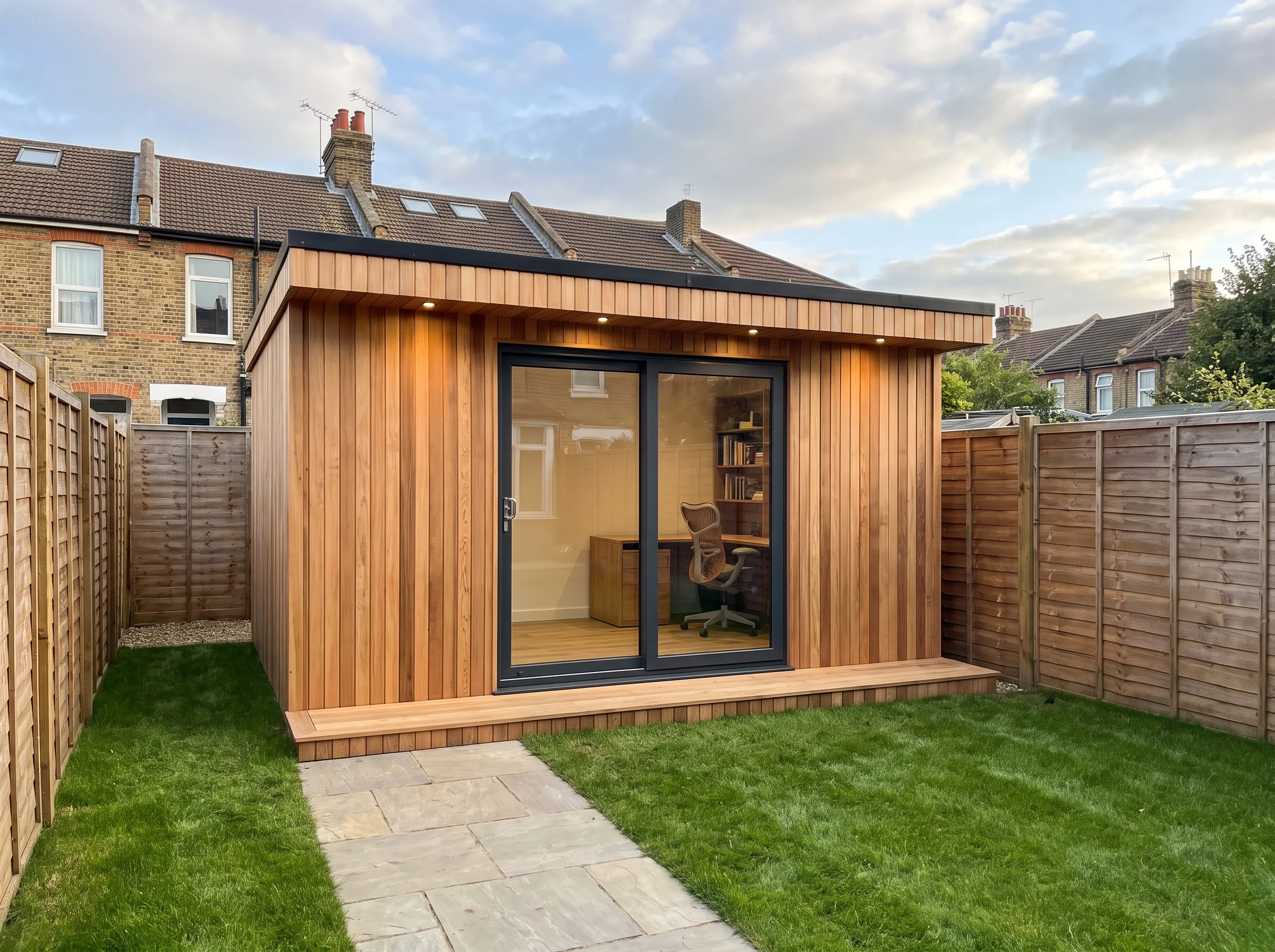 A modern garden office with wooden cladding, large windows, and a landscaped yard