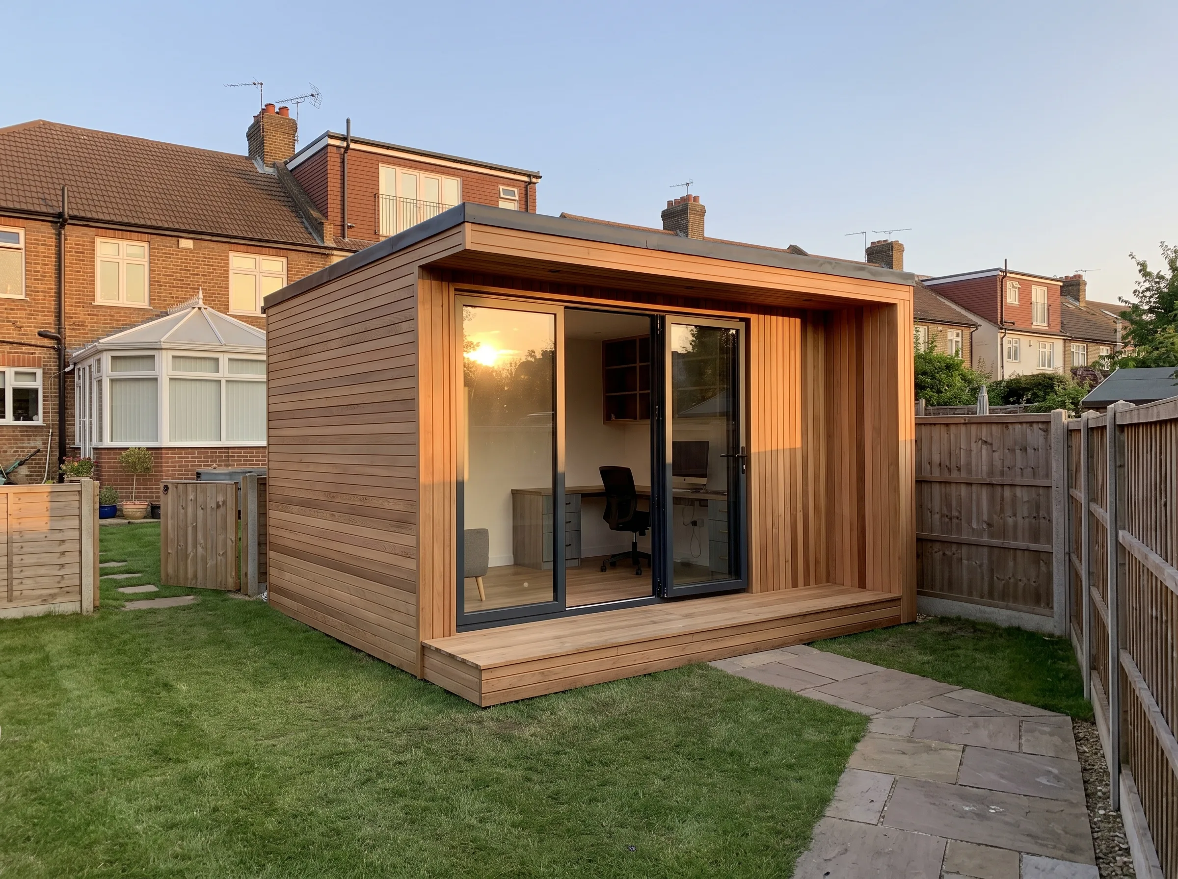 A modern wooden garden office with large glass doors in a grassy backyard