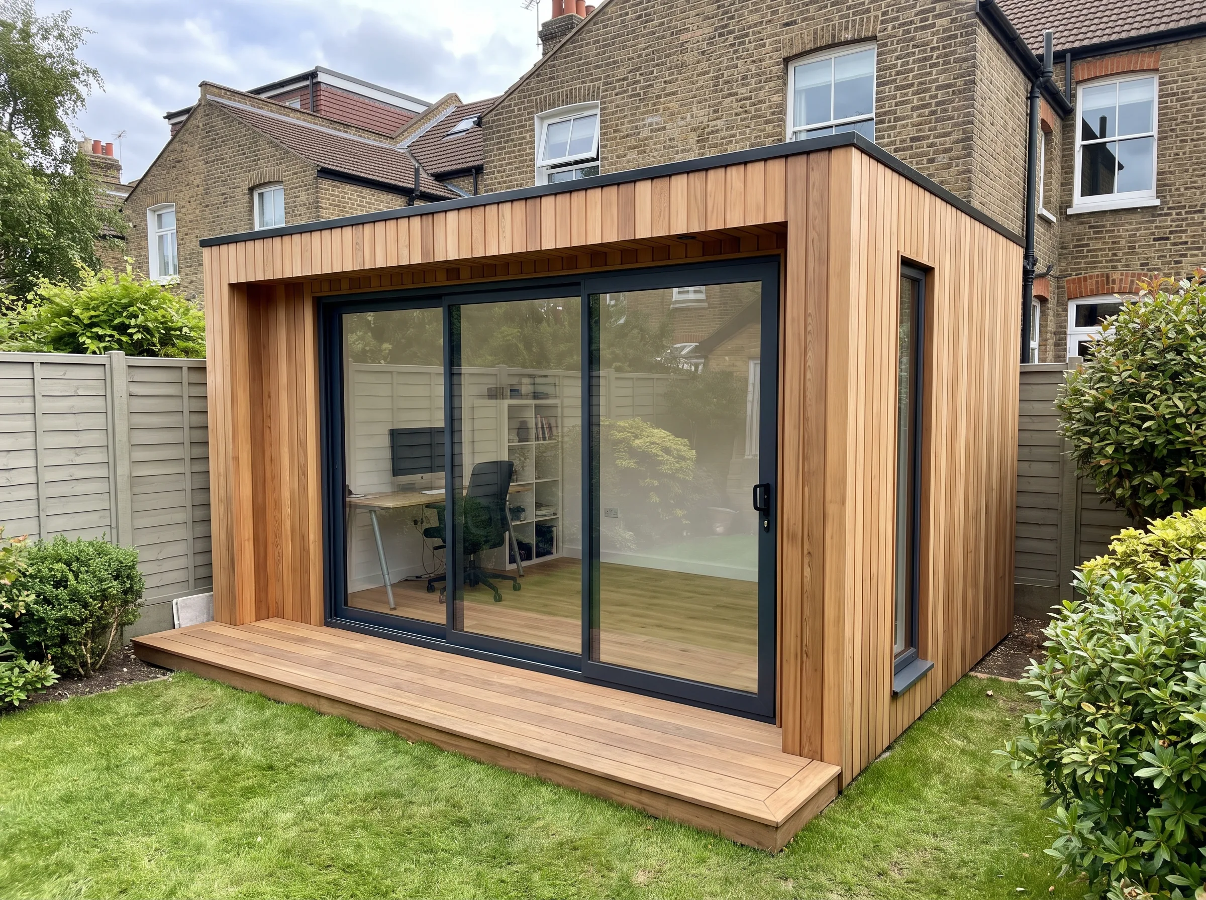 A modern garden office with wooden cladding, featuring a glass front and a wooden deck