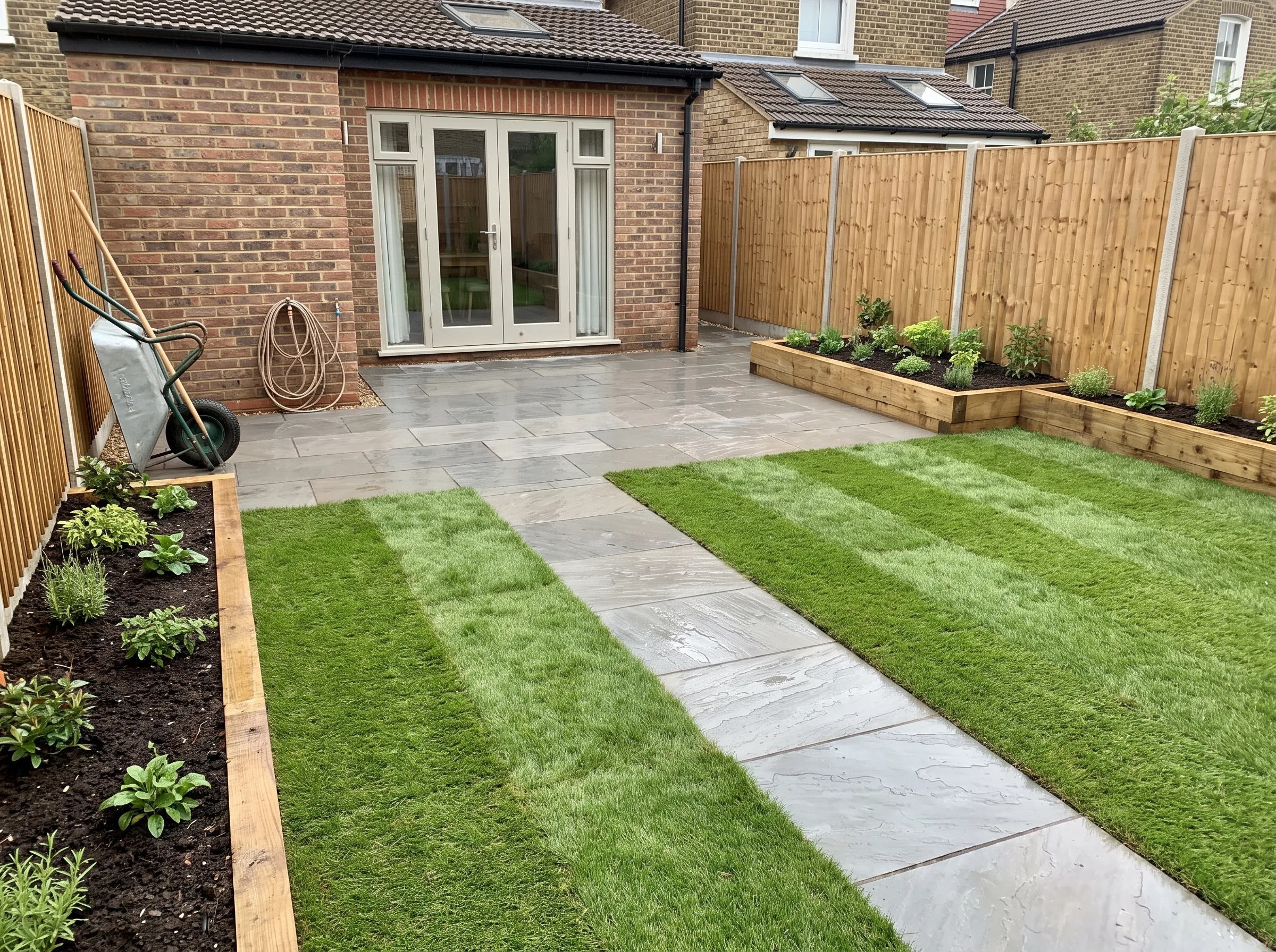 Modern garden landscaping with neatly laid slabs and well-maintained grass patches