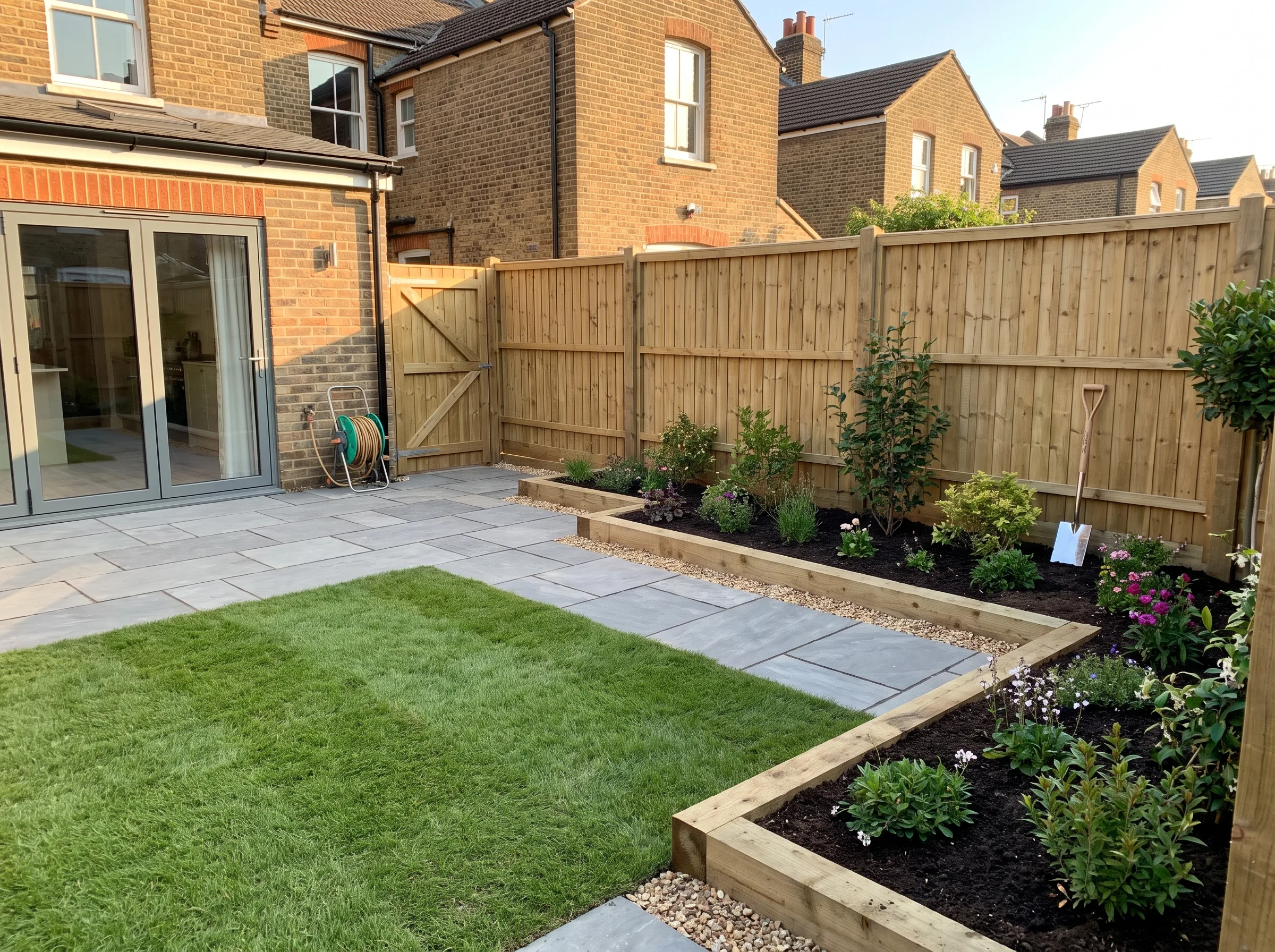 A beautifully landscaped garden featuring a stone patio, wooden planters, and lush greenery