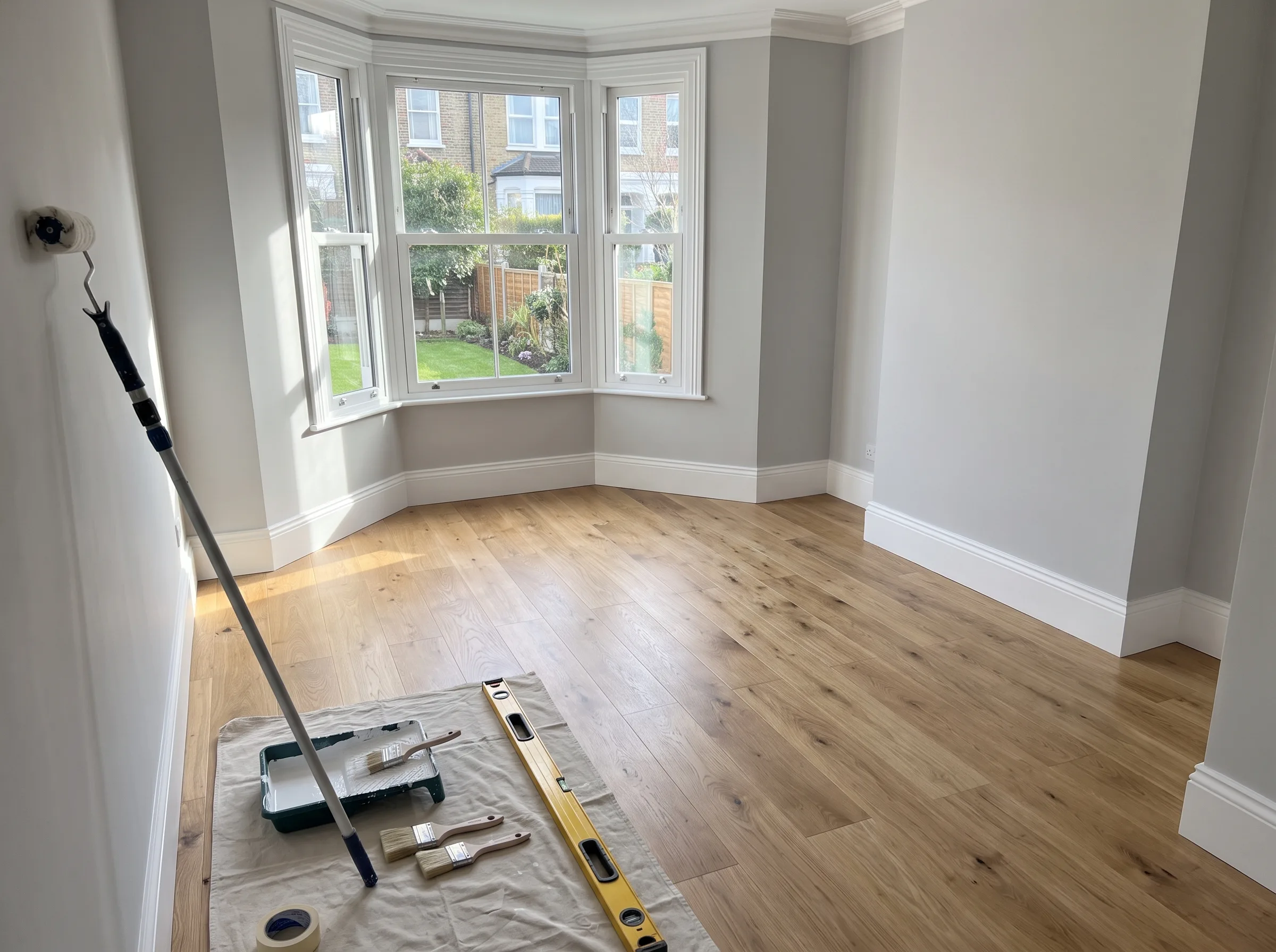 Newly renovated living room with wooden floor and fresh paint, ready for interior decoration