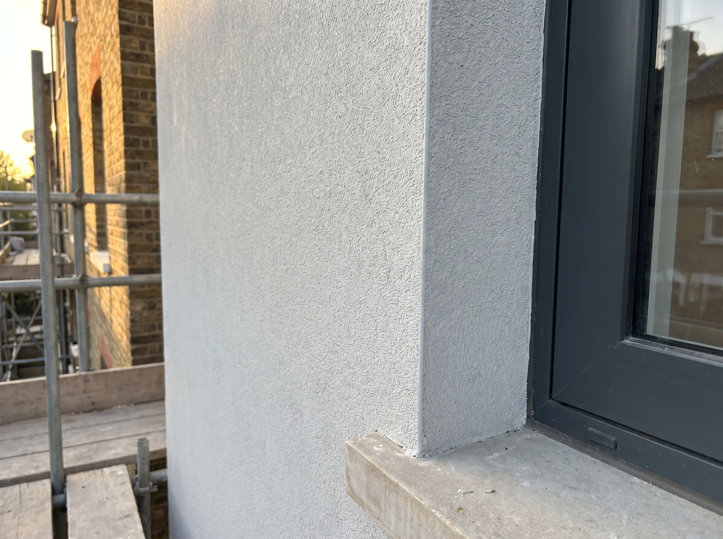 Close-up of freshly rendered exterior wall with a window and scaffold in the background, showcasing external rendering service