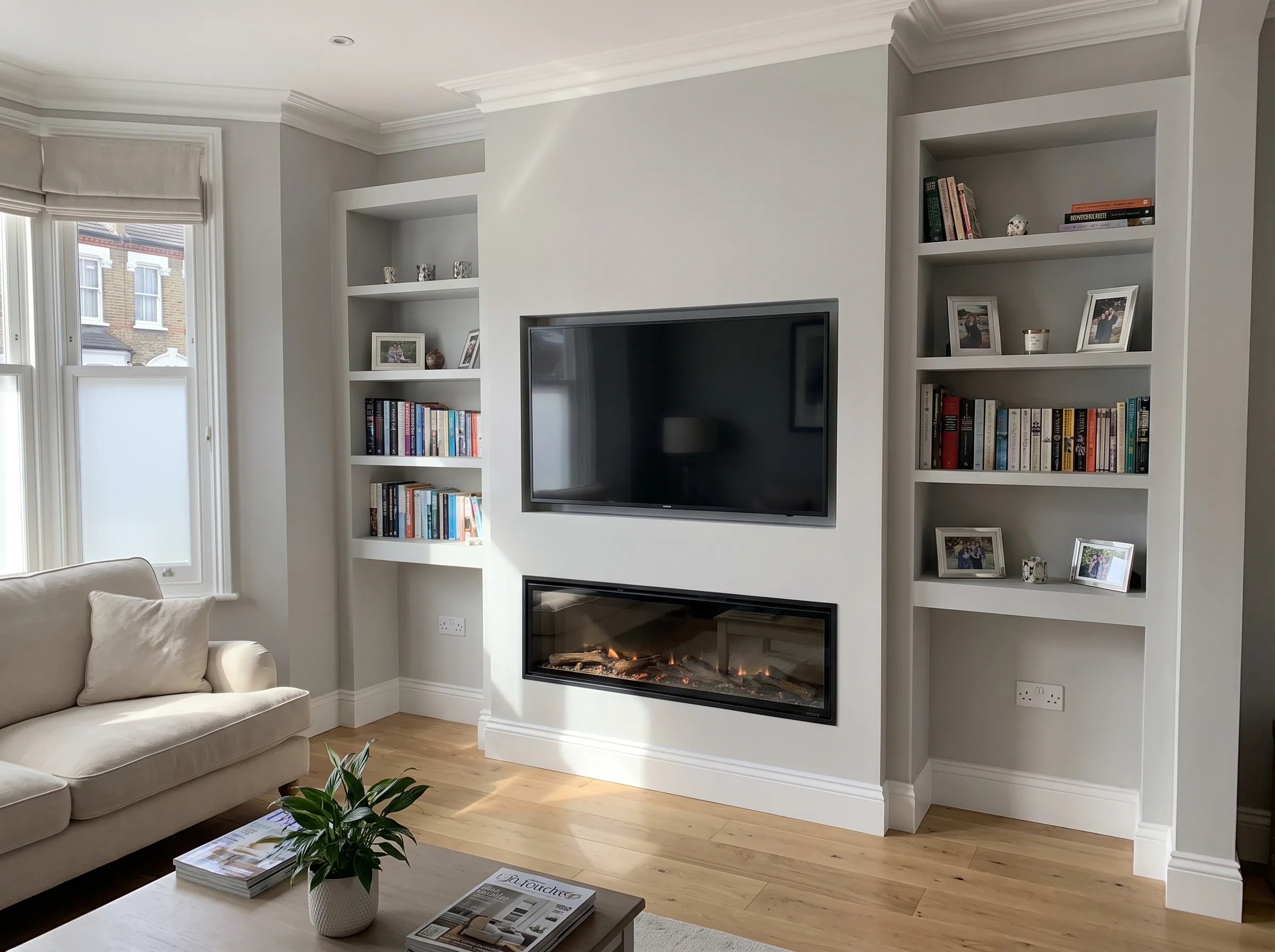 Modern living area with a sleek media wall, showcasing shelves and a fireplace