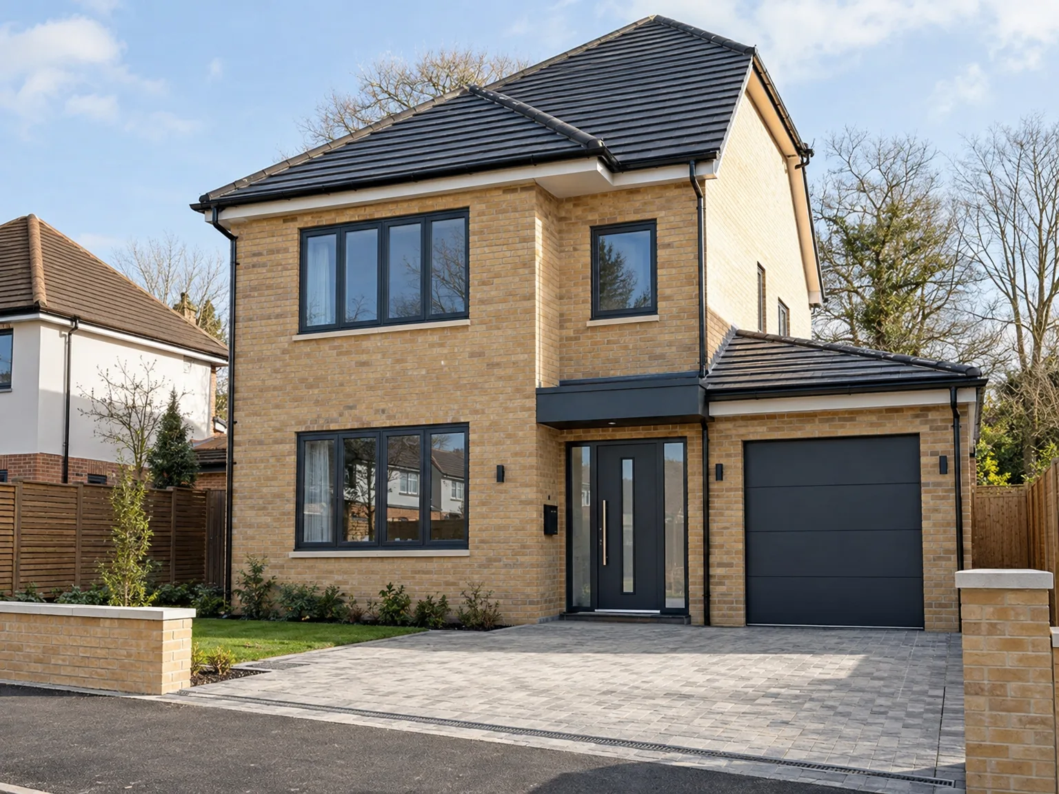 Modern New Build house with brick exterior, slate roof, black garage door and paved driveway