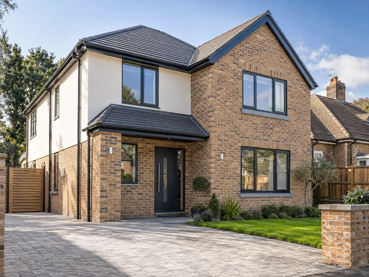 Contemporary brick house renovation with extensions, dark roof, large glazed windows, and paved driveway