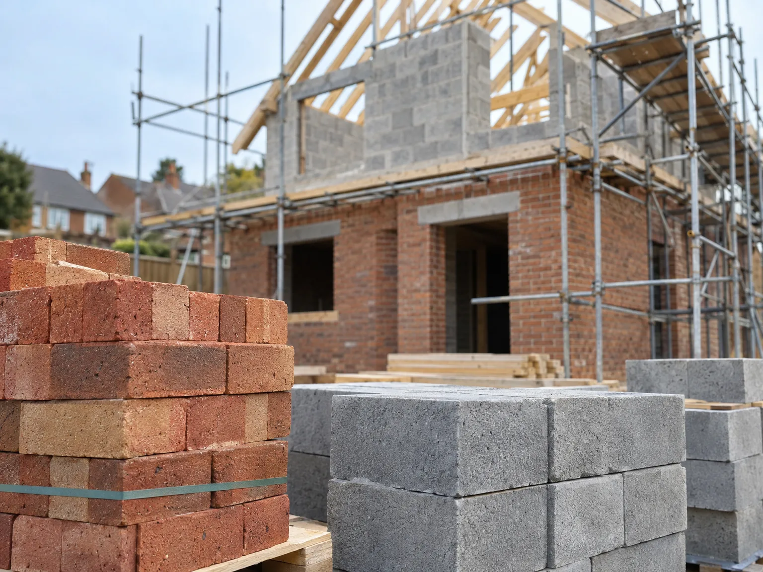 Bricks and concrete blocks stacked on new build residential construction site