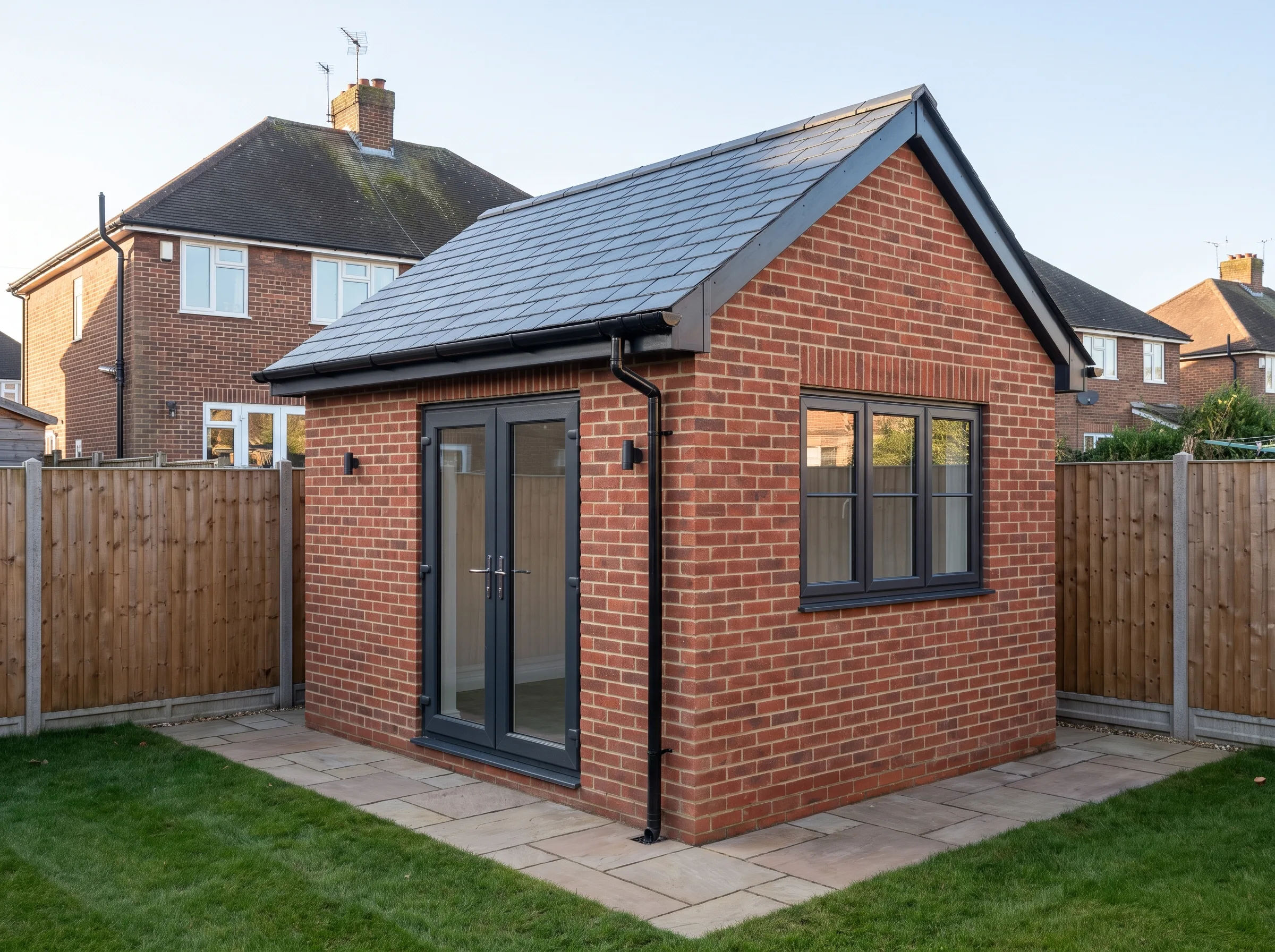 A newly constructed garden office with brickwork and modern windows in a residential area