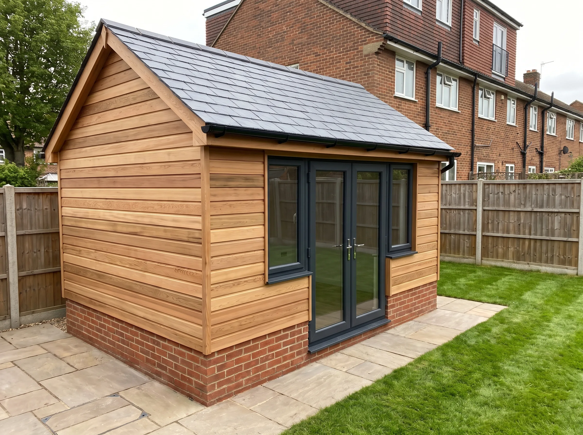 A wooden outbuilding with a grey roof and large windows, located in a garden setting