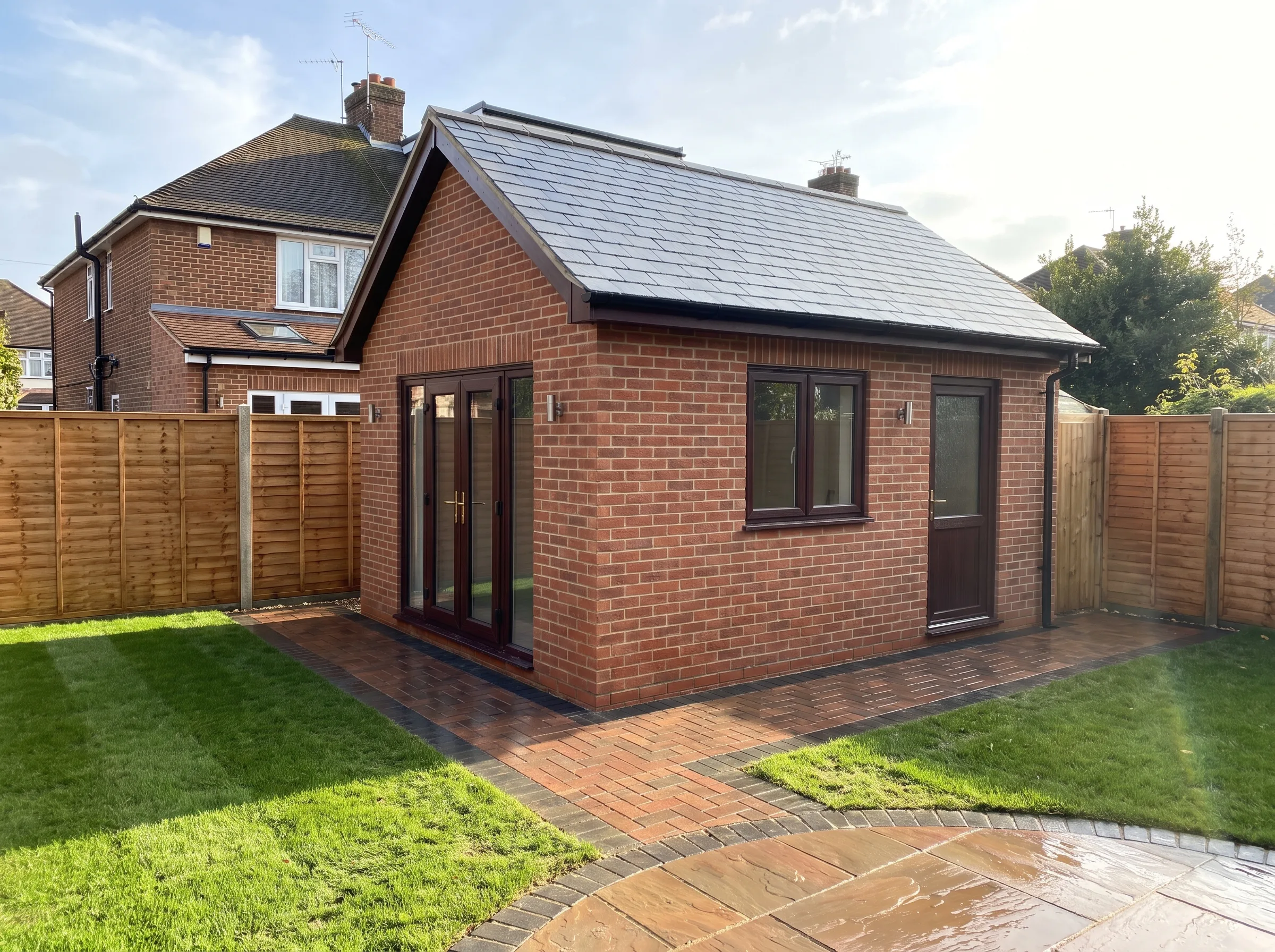 A newly constructed garden office with brick walls and a tiled roof in a well-landscaped yard