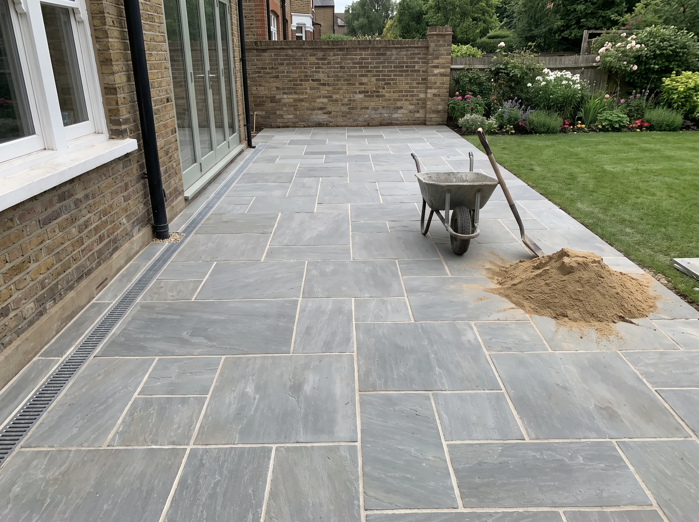 Newly laid stone patio with a wheelbarrow and sand, showcasing quality paving work