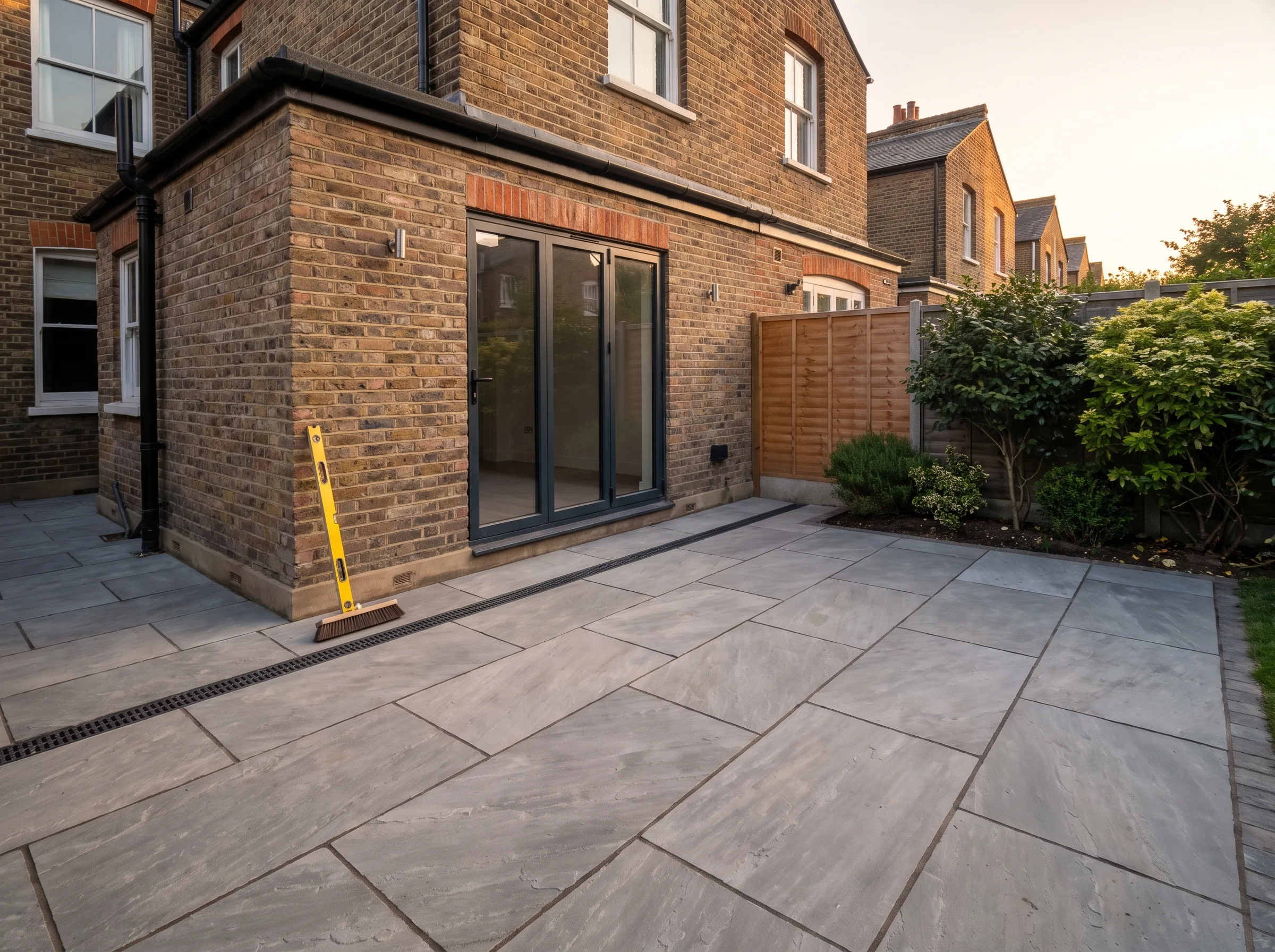 Paved patio area of a renovated house with brick walls and sliding glass doors