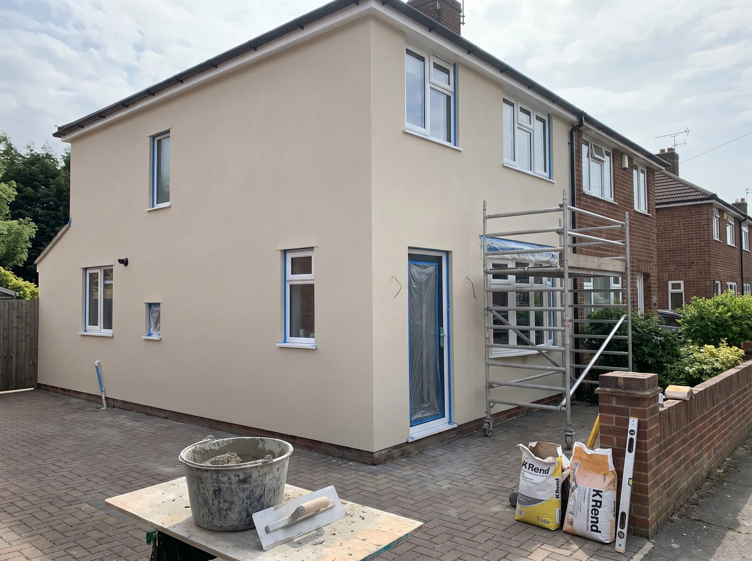 House rendering project in progress with scaffolding and freshly applied exterior finish