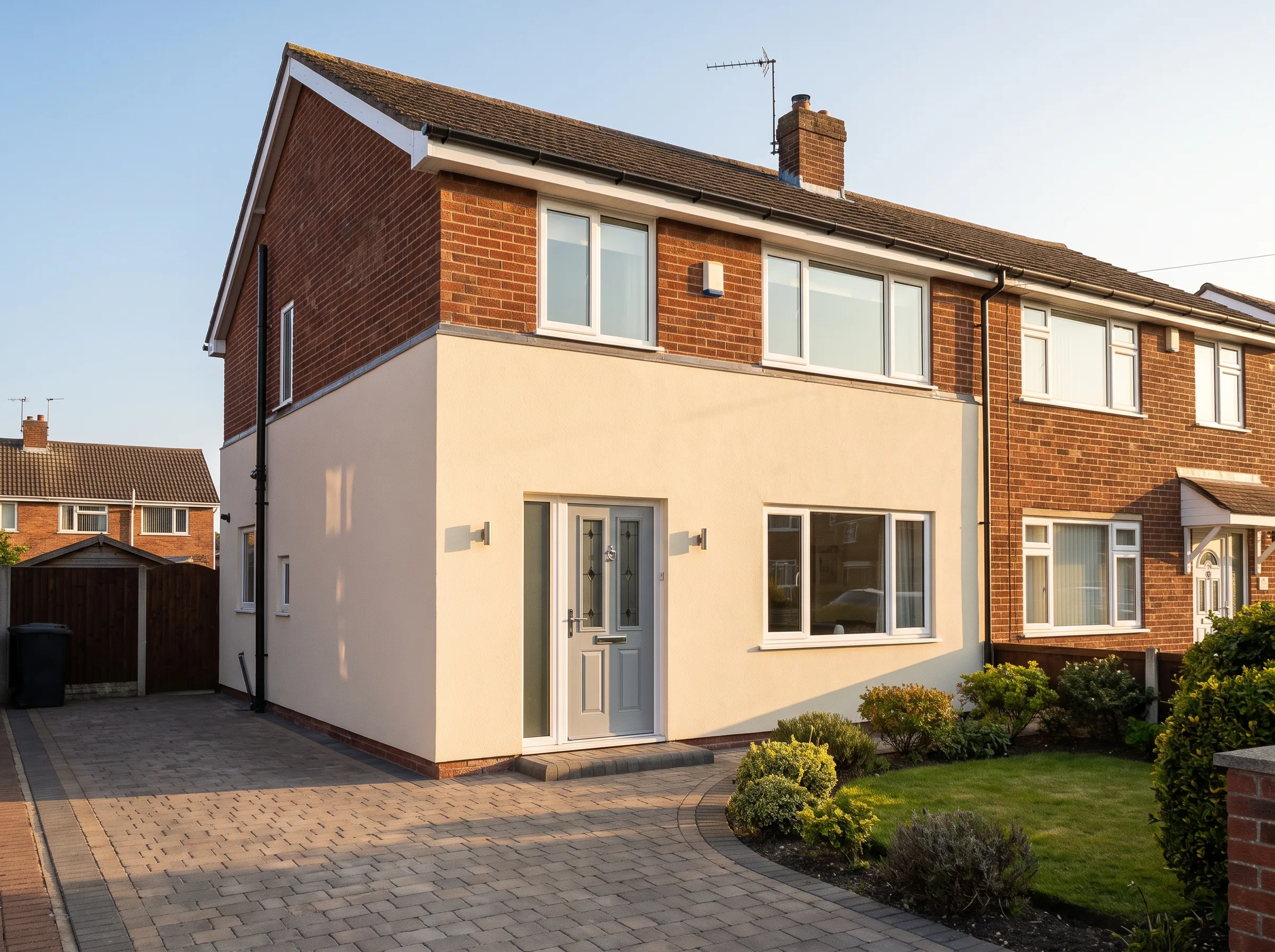 Front view of a recently renovated house showcasing modern exterior rendering and landscaping