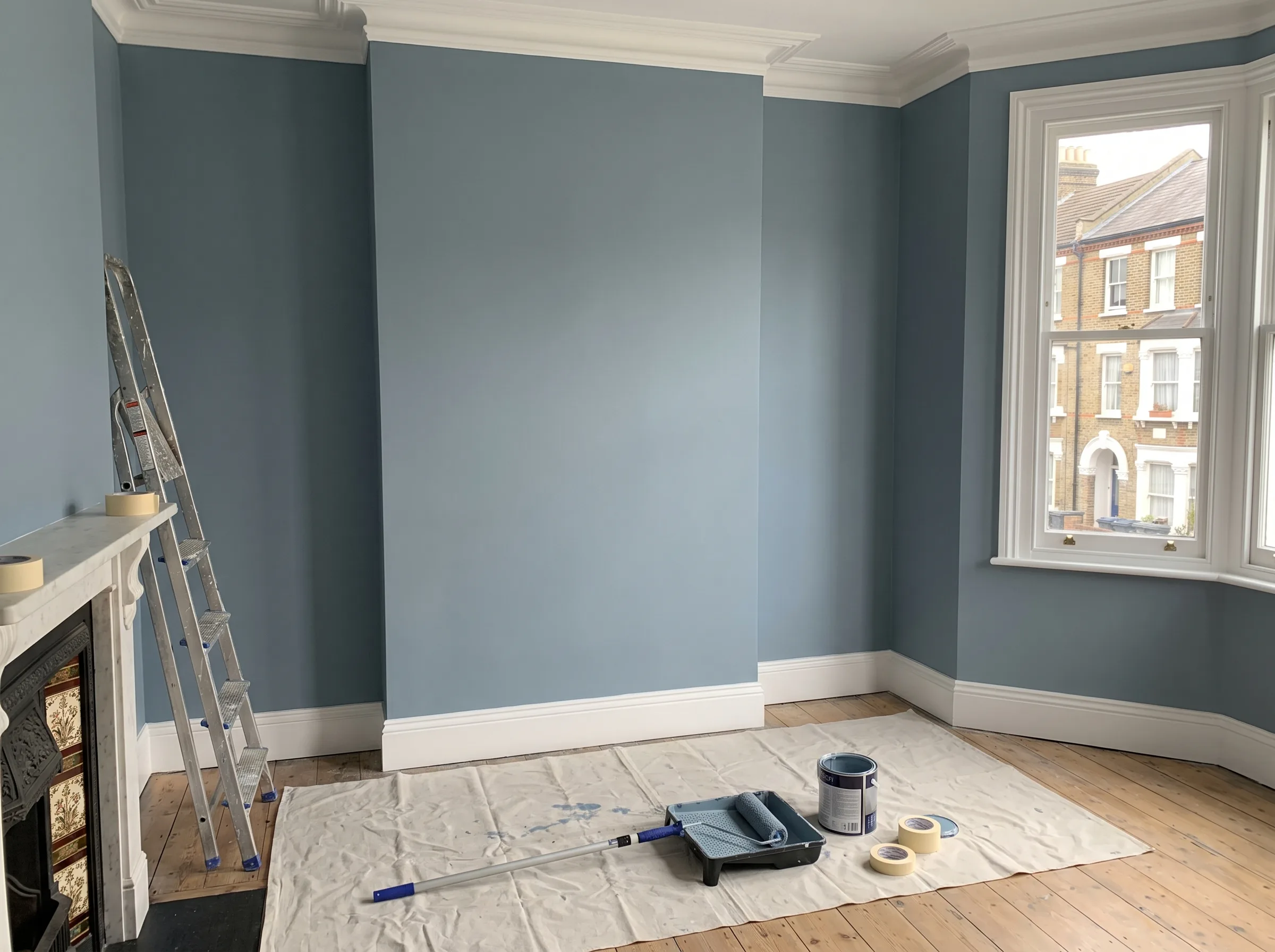 Newly painted room with blue walls, a ladder, paint supplies, and a drop cloth on the wooden floor