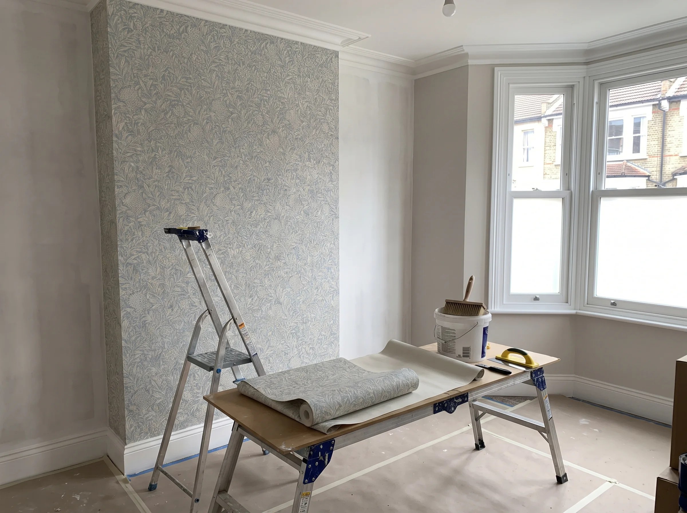 Interior room undergoing wallpapering with a patterned wall and a work table in the foreground