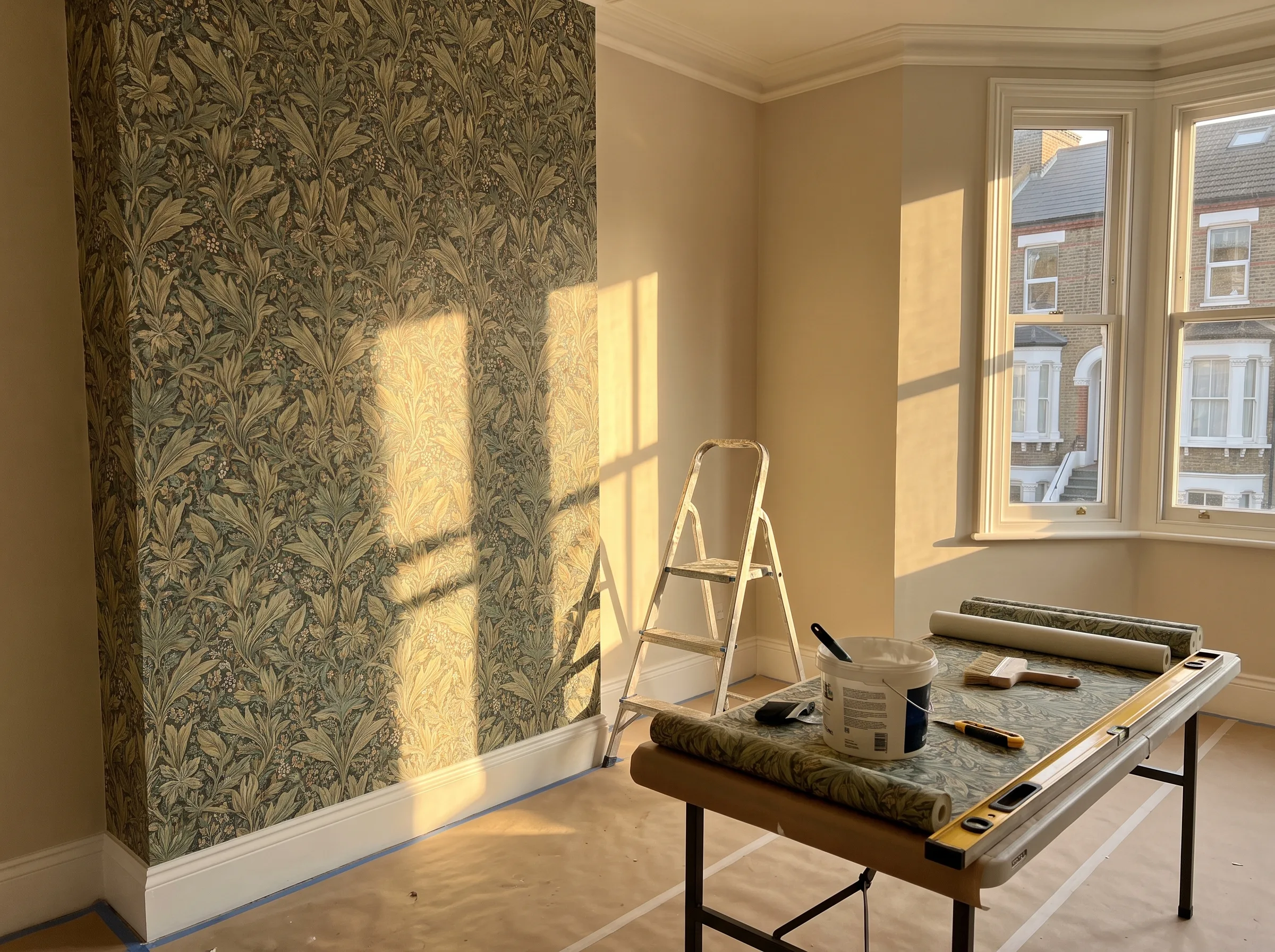 A room undergoing wallpapering with a wallpapering table, ladder, and sunlight casting shadows